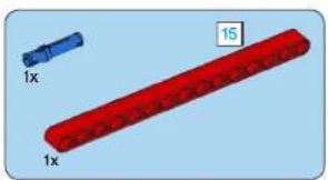 3D rendered image of two mechanical parts: a blue cylindrical component labeled '1x' and a red elongated object labeled '15', both on a light blue background (no text or symbols beyond labels)