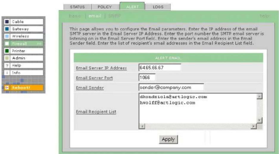 MOTOROLA SBG1000 - Firewall > ALERT — email Page - 1