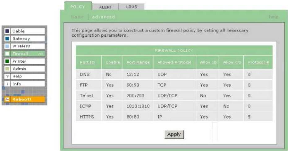 MOTOROLA SBG1000 - Firewall > POLICY — advanced Page - 1