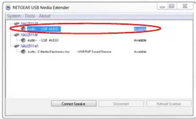 NETGEAR USB Media Extender System Tools About XAU2511.01 Audio - USB AUDIO XAU2511.8f Audio - USB AUDIO XAU2511.e1 Audio - C-Media Electronics Inc - USB PrpP Sound Device Available Connect Speaker Disconnect Network Scannie