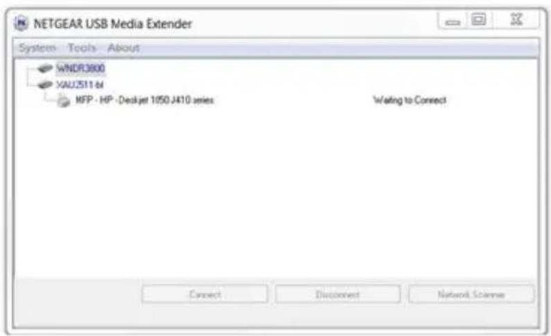NETGEAR USB Media Extender System Tools About WINDR3800 XAU2511 &I MFP - HP - Deskjet 1050 J410 series Waiting to Connect Connect Disconnect Network Science