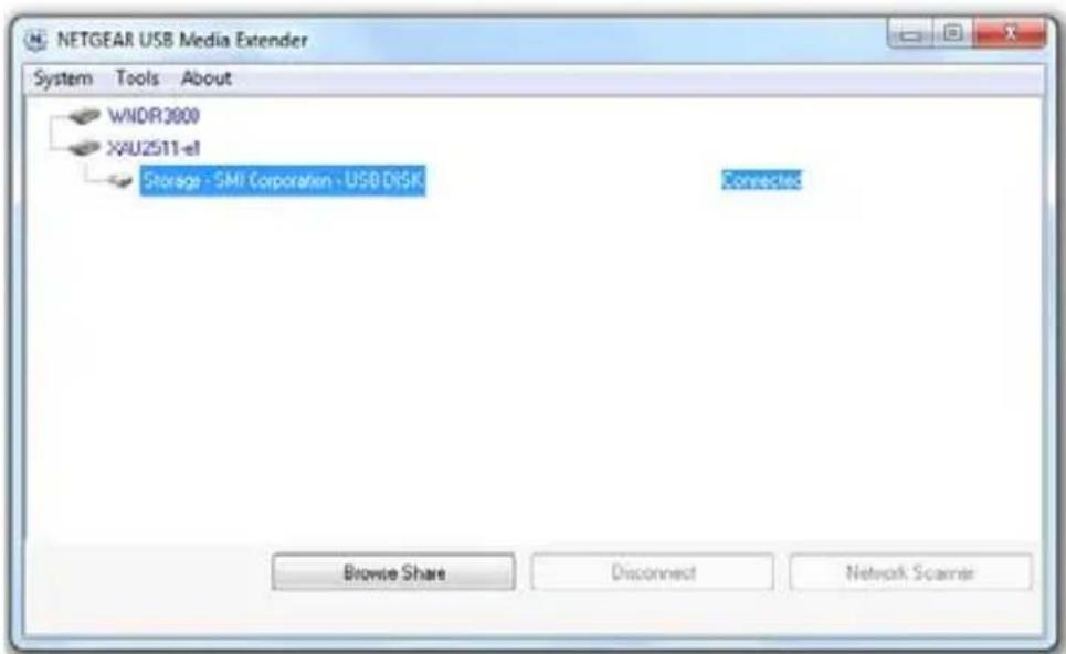 NETGEAR USB Media Extender System Tools About WINDR3000 XIU2511-e1 Storage - SMI Corporation - USB/DISK Connected Browse Share Disconnect Network Scanner