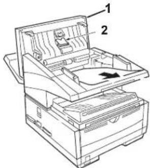 Technical diagram of a printer with labeled parts, showing internal structure and component layout