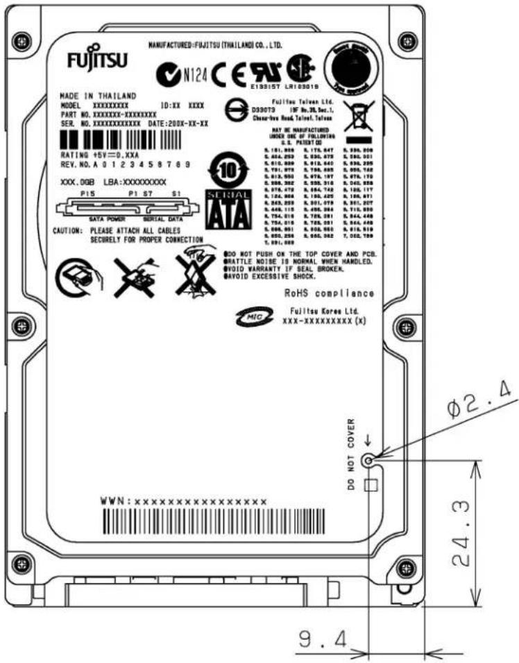 MANUFACTURED:FIJITSU (THAILAND) CO.,LTD. FUJITSU N124 C E F X E133157 LR103018 MADE IN THAILAND MODEL XXXXXXXXX ID:XX XXXX PART NO.XXXXXXXX-XXXXXXXXX SER. NO.XXXXXXXXXXX DATE:200X-XX-XX RATING +5V=0.XXA REV.NO.A 0 1 2 3 4 5 6 7 8 9 XXX.OGB LBA:XXXXXXXXX P15 P1 S7 S1 DATA POWER SERIAL DATA CAUTION: PLEASE ATTACH ALL CABLES SECURELY FOR PROPER CONNECTION FUJITSU Talvean Ltd. D39073 19F No.36 Sec.1, Clear-Vee Road Tailvei.Talvea RAT BE MANUFACTURED UNDER ONE OF FOLLOWING SL.PAINT DO S.181.998 S.178.647 S.936.998 S.464.059 S.936.678 S.936.301 S.610.999 S.918.640 S.936.295 S.791.978 S.796.898 S.998.742 S.813.992 S.978.197 S.874.150 S.996.382 S.936.318 S.045.858 S.976.478 S.664.742 S.108.117 S.124.994 S.106.422 S.106.971 S.243.259 S.901.079 S.361.207 S.448.115 S.496.084 S.716.990 S.754.018 S.705.091 S.844.448 S.754.018 S.705.091 S.844.448 S.866.051 S.906.980 S.816.919 S.866.258 S.906.382 T.062.T99 T.891.688 DO NOT PUSH ON THE TOP COVER AND PCB. BRATTLE NOISE IS NORMAL WHEN HANDLED. OVOID WARRANTY IF SEAL BROKER. WAYOID EXCESSIVE SHOCK. RoHS compliance FUJITSU Korea Ltd. XXX-XXXXXXXXX (X) MO WWN:XXXXXXXXXXXXXX DO NOT COVER Ø2 .4 24 .3 9 . 4