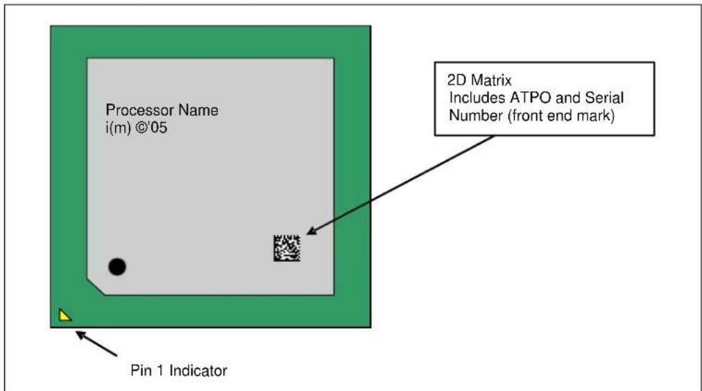 Processor Name i(m) ©'05 Pin 1 Indicator 2D Matrix Includes ATPO and Serial Number (front end mark)