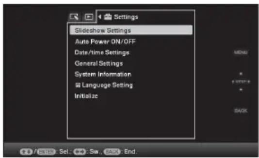 Settings Slideshow Settings Auto Power ON/OFF Date/time Settings General Settings System Information @ Language Setting Initialize MENU * * BACK + / ENTR Sel: - Sw, Back End.