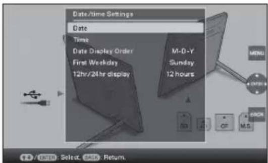 Date/time Settings Date Time Date Display Order First Weekday 12hr/24 hr display M-D-Y Sunday 12 hours MENU + OFF + STOP + RESET + M.S. / NUMBER: Select. GASE: Return.