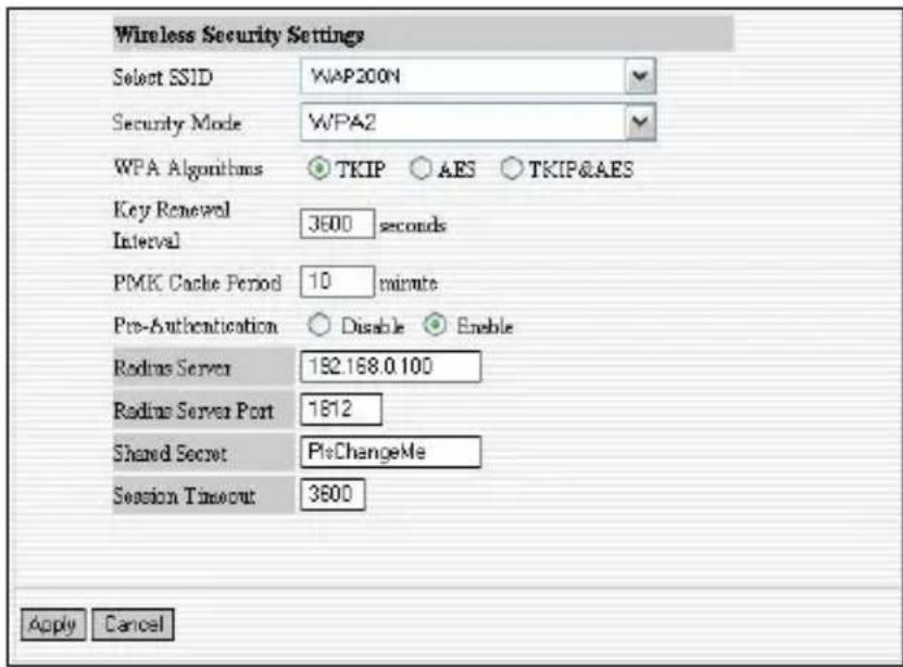 Wireless Security Settings Select SSID WAP200N Security Mode WPA2 WPA Algorithms TKIP AES TKIP&AES Key Renewal 3600 seconds Interval PMK Cache Period 10 minute Pre-Authentication Disable Enable Radius Server 192.168.0.100 Radius Server Port 1612 Shared Secret PisChangeMe Session Timeout 3600 Apply Cancel