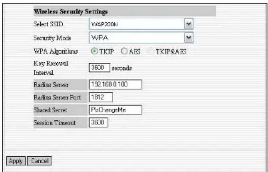 Wireless Security Settings Select SSID WAP200N Security Mode WPA WPA Algorithms ● TKIP ○ AES ● TKIP&AES Key Renewal Interval 3600 seconds Radius Server 192.168 0.100 Radius Server Port 1812 Shared Secret PtsChangeMe Session Timeout 3600 Apply Cancel