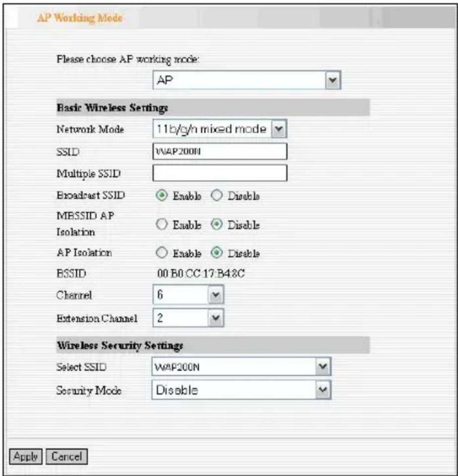 AP Working Mode Please choose AP working mode: AP Basic Wireless Settings Network Mode 11b/g/n mixed mode SSID WAP200N Multiple SSID Broadcast SSID Enable Disable MBSSID AP Isolation Enable Disable AP Isolation Enable Disable BSSID 00 B0 CC 17 B48C Channel 6 Extension Channel 2 Wireless Security Settings Select SSID WAP200N Security Mode Disable Apply Cancel