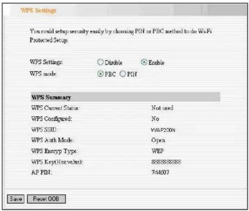 WPS Settings You could setup security easily by choosing PIN or PBC method to do Wi-Fi Protected Setup. WPS Settings: ○ Disable ○ Enable WPS mode: ● PBC ○ PIN WPS Summary WPS Current Status: Not used WPS Configured: No WPS SSID: WAP200N WPS Auth Mode: Open WPS Encopy Type: WEP WPS Key(Hex value): 888888888 AP PIN: 744007 Save Reset OOB
