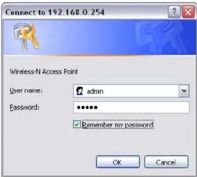 Connect to 192.168.0.254 Wireless-N Access Point User name: admin Password: •••••• ✓ Remember my password OK Cancel