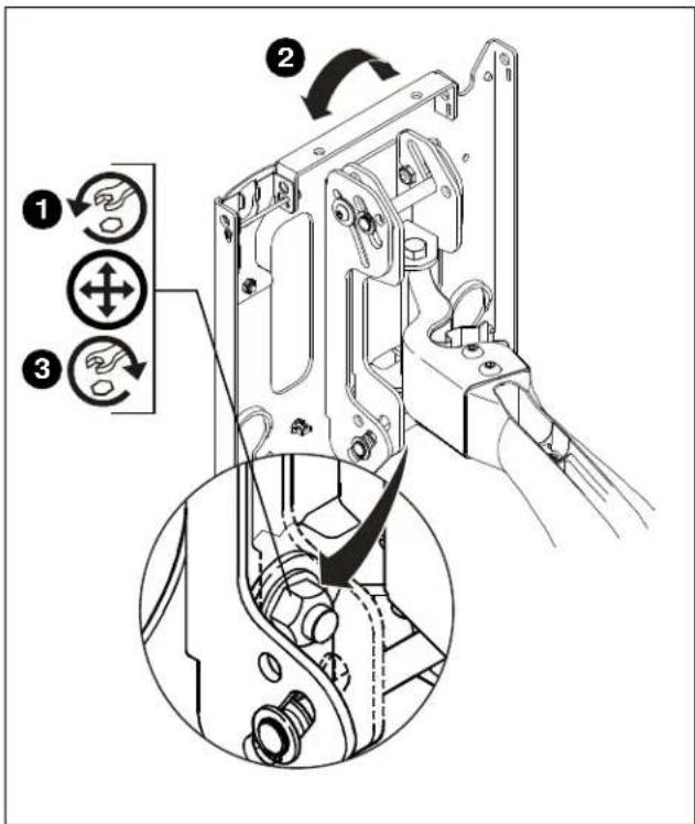Technical diagram showing mechanical assembly steps with numbered annotations and directional arrows indicating rotation or movement.