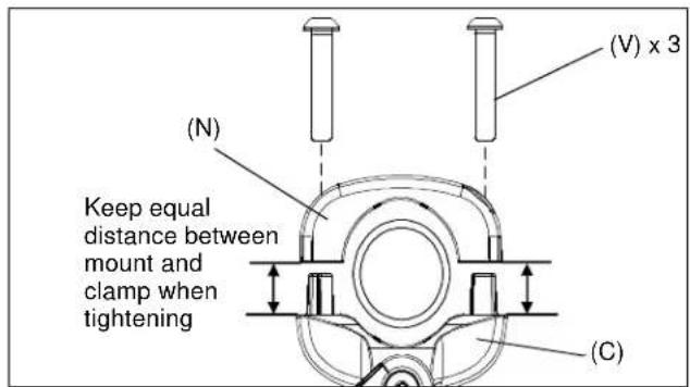 (N) Keep equal distance between mount and clamp when tightening (V) x 3 (C)