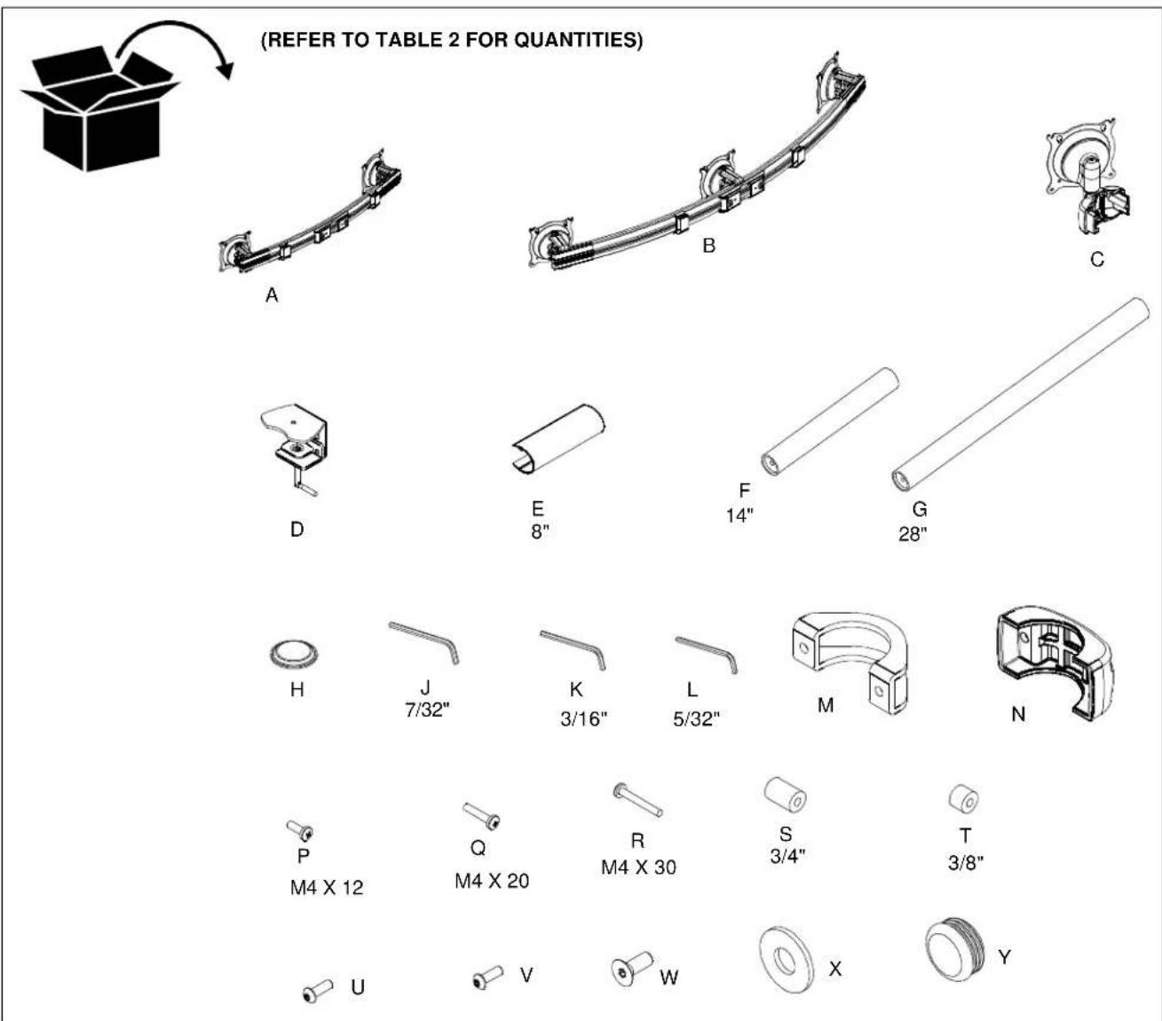 (REFER TO TABLE 2 FOR QUANTITIES) A B C D E F G 8" 14" 28" H J K L M N 7/32" 3/16" 5/32" P Q R S T M4 X 12 M4 X 20 M4 X 30 3/4" 3/8" U V W X Y