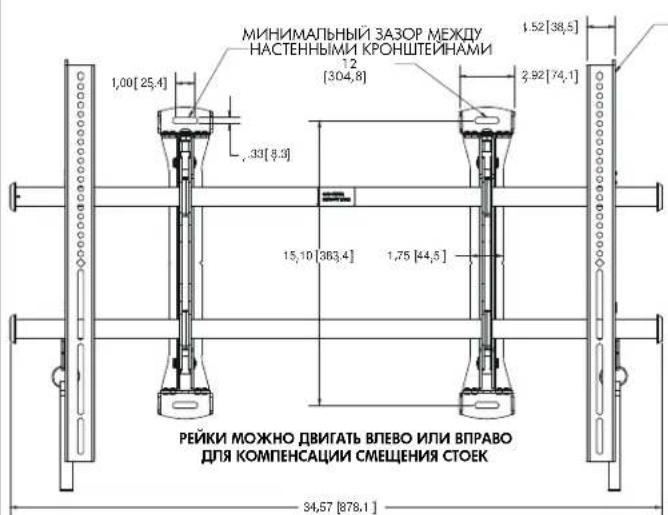 МИНИМАЛЬНЫЙ ЗАЗОР МЕЖДУ НАСТЕННЫМИ КРОНШТЕЙНАМИ 1,00 [25,4] .33 [8,3] 15,10 [363,4] 1,75 [44,5] 1,52 [38,5] 2,92 [74,1] РЕЙКИ МОЖНО ДВИГАТЬ ВЛЕВО ИЛИ ВПРАВО ДЛЯ КОМПЕНСАЦИИ СМЕЩЕНИЯ СТОЕК 94,67 [878,1]