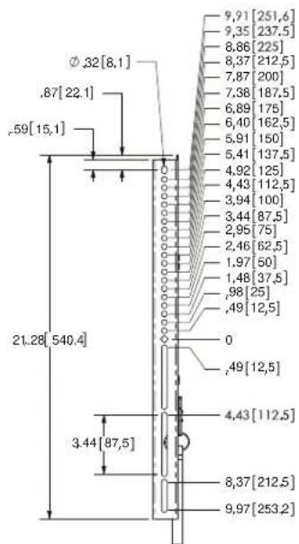 Ø 32[8,1] .87[22,1] .59[15,1] 21.28[540.4] 3.44[87,5] 9,91[251,6] 9,35[237,5] 8,86[225] 8,37[212,5] 7,87[200] 7,38[187,5] 6,89[175] 6,40[162,5] 5,91[150] 5,41[137,5] 4,92[125] 4,43[112,5] 3,94[100] 3,44[87,5] 2,95[75] 2,46[62,5] 1,97[50] 1,48[37,5] .98[25] .49[12,5] 0 .49[12,5] 4,43[112,5] 8,37[212,5] 9,97[253,2]