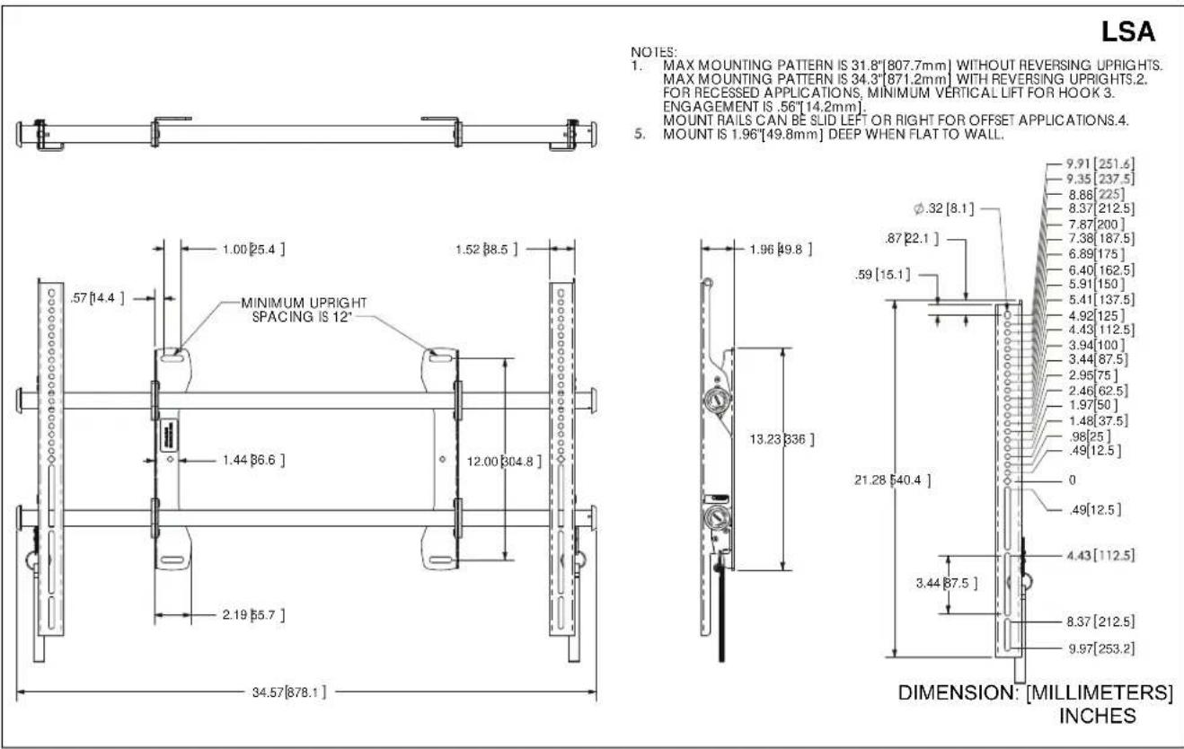 LSA NOTES: 1. MAX MOUNTING PATTERN IS 31.8"[807.7mm] WITHOUT REVERSING UPRIGHTS. MAX MOUNTING PATTERN IS 34.3"[871.2mm] WITH REVERSING UPRIGHTS.2. FOR RECESSED APPLICATIONS, MINIMUM VERTICAL LIFT FOR HOOK 3. ENGAGEMENT IS .56"[14.2mm]. MOUNT RAILS CAN BE SLID LEFT OR RIGHT FOR OFFSET APPLICATIONS.4. 5. MOUNT IS 1.96"[49.8mm] DEEP WHEN FLAT TO WALL. MINIMUM UPRIGHT SPACING IS 12" 1.00 [25.4] .57 [14.4] 1.44 [66.6] 2.19 [55.7] 1.52 [88.5] 12.00 [304.8] 34.57 [878.1] 1.96 [49.8] 13.23 [336] φ.32 [8.1] .87 [22.1] .59 [15.1] 21.28 [40.4] 3.44 [87.5] 2.95 [75] 2.46 [62.5] 1.97 [50] 1.48 [37.5] .98 [25] .49 [12.5] 0 .49 [12.5] 4.43 [112.5] 8.37 [212.5] 9.97 [253.2] DIMENSION: [MILLIMETERS] INCHES