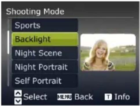 Shooting Mode Sports Backlight Night Scene Night Portrait Self Portrait Select MENU Back T Info