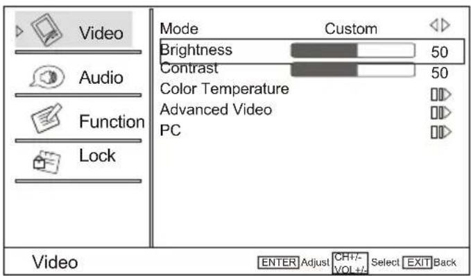 Video Audio Function Lock Mode Custom Brightness 50 Contrast 50 Color Temperature Advanced Video PC Video ENTER Adjust CH+/- Select EXIT Back