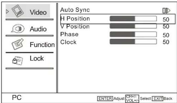 Video Audio Function Lock Auto Sync H Position 50 V Position 50 Phase 50 Clock 50 PC ENTER Adjust CH+/- Select EXIT Back