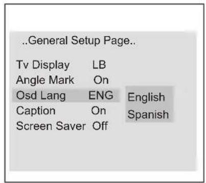 ..General Setup Page.. Tv Display LB Angle Mark On Osd Lang ENG English Caption On Spanish Screen Saver Off