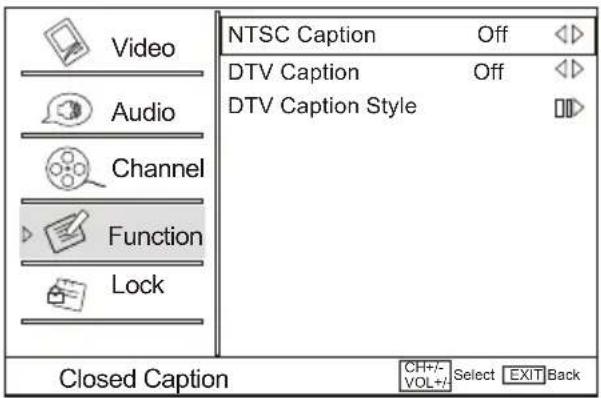 Video Audio Channel Function Lock NTSC Caption Off DTV Caption Off DTV Caption Style Closed Caption CH+/- Select EXIT Back