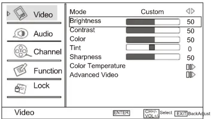 Video Audio Channel Function Lock Mode Custom Brightness 50 Contrast 50 Color 50 Tint 0 Sharpness 50 Color Temperature Advanced Video Video ENTER CHT+/- Select EXIT BackAdjust