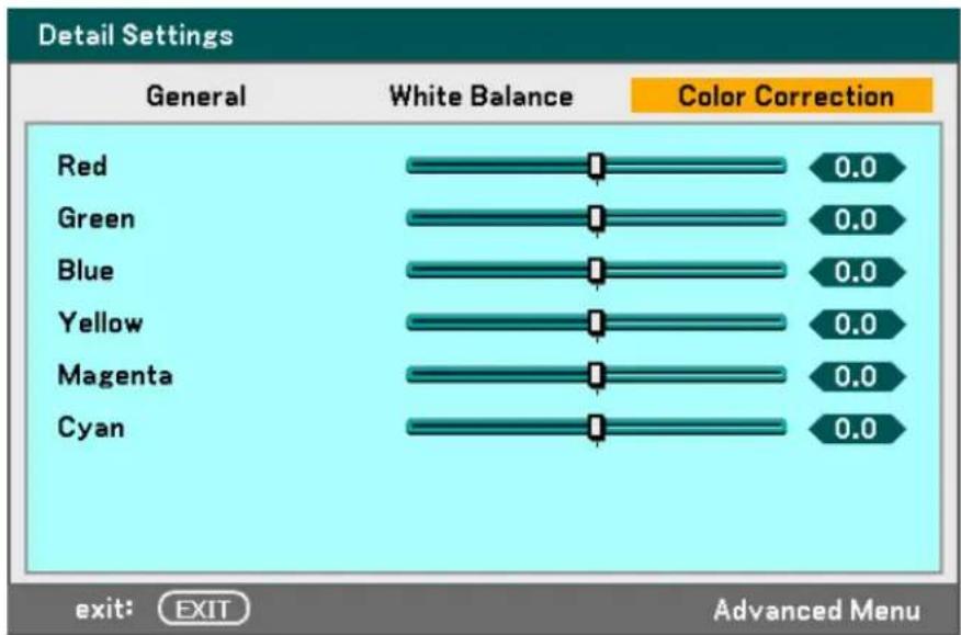 Detail Settings General White Balance Color Correction Red 0.0 Green 0.0 Blue 0.0 Yellow 0.0 Magenta 0.0 Cyan 0.0 exit: EXIT Advanced Menu