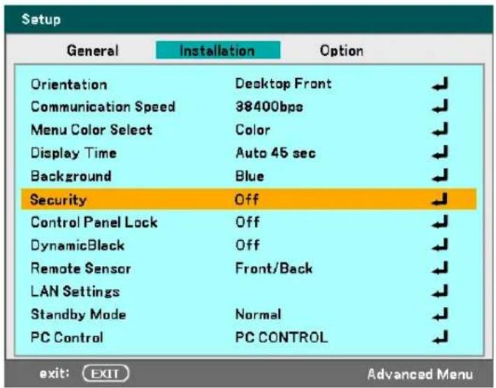 Setup General Installation Option Orientation Desktop Front Communication Speed 38400bps Menu Color Select Color Display Time Auto 45 sec Background Blue Security Off Control Panel Lock Off DynamicBlack Off Remote Sensor Front/Back LAN Settings Standby Mode Normal PC Control PC CONTROL exit: EXIT Advanced Menu