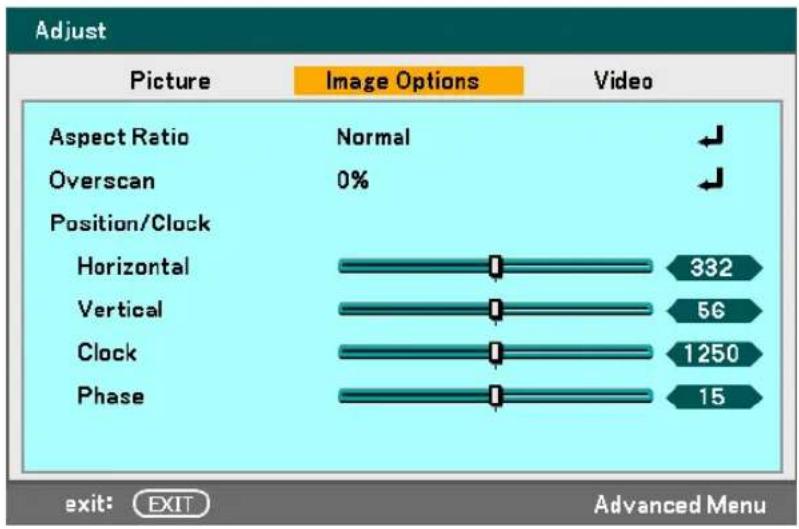 Adjust Picture Image Options Video Aspect Ratio Normal Overscan 0% Position/Clock Horizontal 332 Vertical 56 Clock 1250 Phase 15 exit: EXIT Advanced Menu