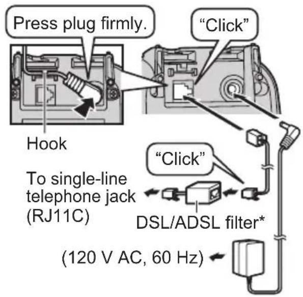 Press plug firmly. "Click" Hook To single-line telephone jack (RJ11C) (DSL/ADSL filter*) (120 V AC, 60 Hz)