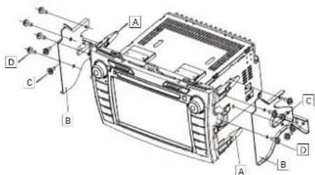 Technical diagram of a car air conditioning unit with labeled components A, B, C, D and directional arrows indicating flow or movement.