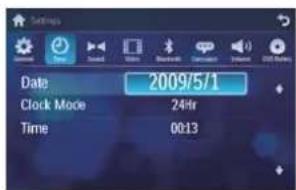 Settings Date 2009/5/1 Clock Mode 24hr Time 00:13