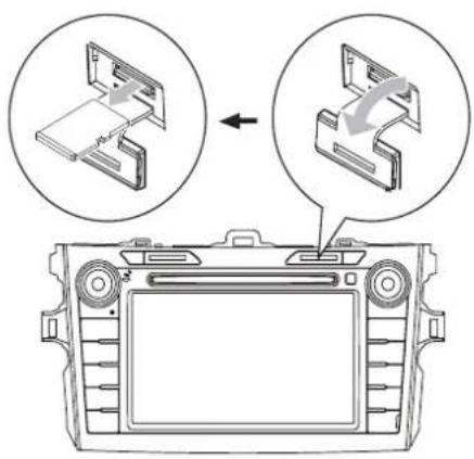 Diagram showing car dashboard and rearview mirror with labeled components and directional arrows indicating assembly or movement.