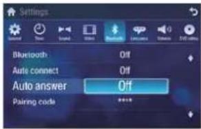 Settings Bluetooth Off Auto connect Off Auto answer Off Pairing code **** * * * *