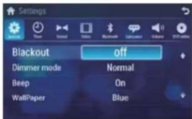 Settings Blackout off Dimmer mode Normal Beep On WallPaper Blue