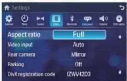 Settings Aspect ratio Full Video input Auto Rear camera Mirror Parking Off DivX registration code IZWV42D3