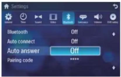 Settings Bluetooth Off Auto connect Off Auto answer Off Pairing code ****