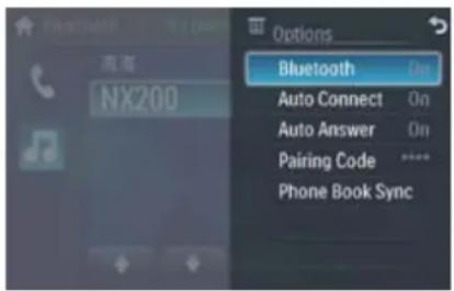Options Bluetooth On Auto Connect On Auto Answer On Pairing Code ***** Phone Book Sync