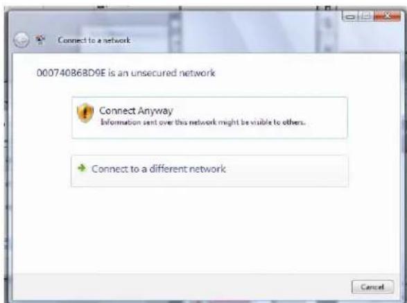 000740868D9E is an unsecured network Connect Anyway Information sent over this network might be viable to others. Connect to a different network Cancel