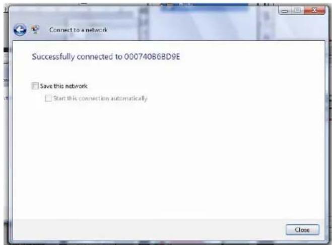 Connect to a network Successfully connected to 000740B6BD9E Save this network Start this connection automatically Close