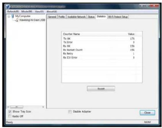 MyComputer Hawking Hi Gain USB Counter Name Value Tx OK 175 Tx Error 0 Rx OK 156 Rx Packet Count 156 Rx Retry 1 Rx EV Error 0 Reset... Show Tray Icon Radio Off Disable Adapter Close NUM Refresh(R) Module(M) View(V) About(A)