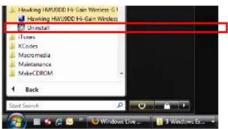 Hawking HWU9DD Hi-Gain Wireless G1 Hawking HWU9DD Hi-Gain Wireless Uninstall iTunes KCodes Macromedia Maintenance MakeCDROM Back Start Search Windows Live... 3 Windows Ed...