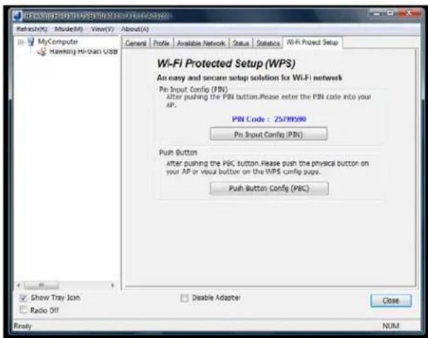 Wi-Fi Protected Setup (WPS) An easy and secure setup solution for Wi-Fi network Pin Input Config (PIN) After pushing the PIN button. Please enter the PIN code into your AP. PIN Code : 25/395/80 Pin Input Config (PIN) Push Button After pushing the PBC button. Please push the physical button on your AP or visual button on the WPS config page. Push Button Config (PBC) Show Tray Icon Radio Off Disable Adapter Close NUM