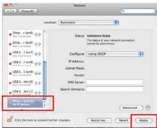 Network Location: Automatic Ether...r (en4) Not Connected Ether...r (en6) Not Connected USB E...t (en7) Not Connected USB E...t (en8) Not Connected USB E...t (en9) Not Connected USB E...t (en10) Not Connected USB E...t (en11) Not Connected Ethos ... (enLS) No IP Address Status: Unknown State The status of your network connection cannot be determined. Configure: Using DHCP IP Address: Subnet Mask: Router: DNS Server: Search Domains: Advanced... Click the lock to prevent further changes. Assist me... Revert Apply
