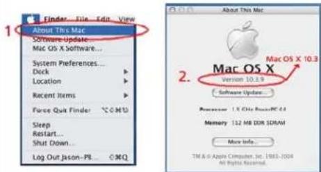 1. Finder... File... Edit... View About This Mac Software Update... Mac OS X software... System Preferences... Deck Location Recent Items Force Quit Finder: COMU Sleep Restart... Shut Down... Log Out Jason-PE... CNOQ 2. Mac OS X Version 10.3.9 Software Update... Processor: 1.5 GB Core PC 64 Memory: 112 MB DDR SDRAM More Info... TM & O Apple Computer, Inc. 1983-1994 All rights reserved.