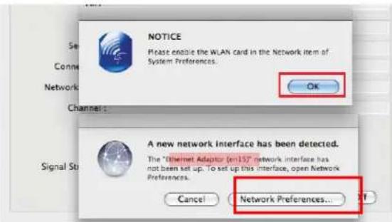 NOTICE Please enable the WLAN card in the Network item of System Preferences. OK A new network interface has been detected. The "Thelmet Adaptor (en15)" network interface has not been set up. To set up this interface, open Network Preferences. Cancel Network Preferences...