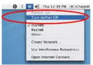 Thu 12:39 PM (Chargnd) Airport On Turn AirPort Off marvell Realtek Other... Create Network... Use Interference Robustness Open Internet Connect...