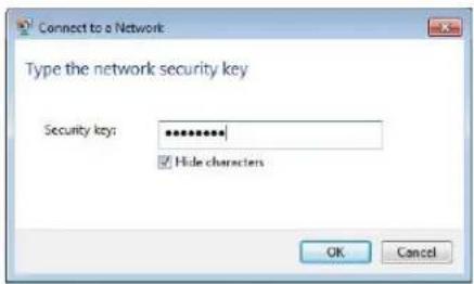 Connect to a Network Type the network security key Security key: ************ Hide characters OK Cancel